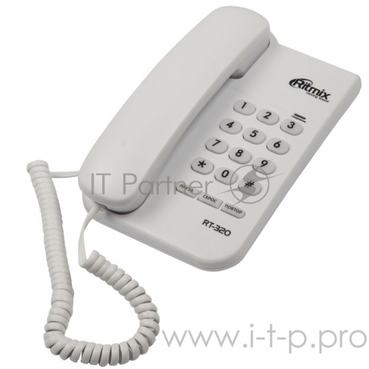 Телефон проводной RITMIX RT-320 white, без дисплея, пауза, сброс, повтор номера, световой индикатор, регулировка громкости звонка (настольн/настен)