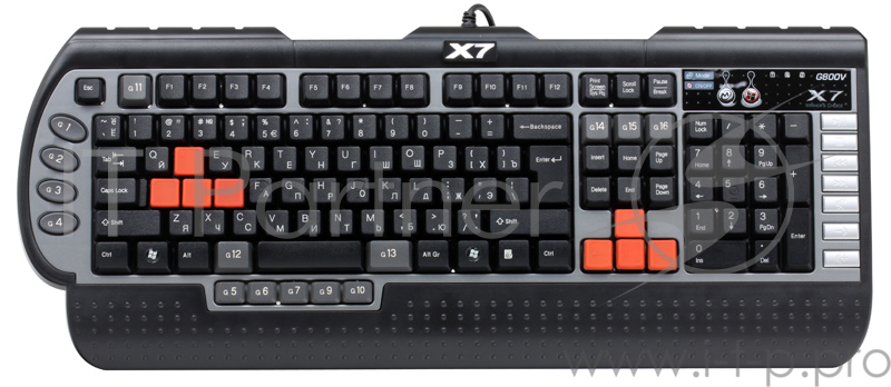 Клавиатура A4Tech X7-G800V, USB, память-96Кб, влагозащищенная, 15 программируемых клавиш, 7 мультимедиа клавиш, частота опроса-1000Гц