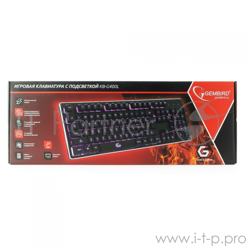 Клавиатура игровая Gembird KB-G400L, USB, металл. корпус, подсветка 3 цвета, кабель ткан. 1.75м