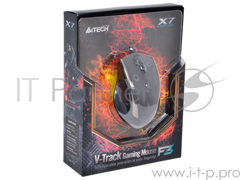 Мышь A4Tech F3 (Black) V-track, 400-3000dpi 5 mod, 7 кн, 160kb memory, 30G/sec, 125-1000hz USB, key 3ms
