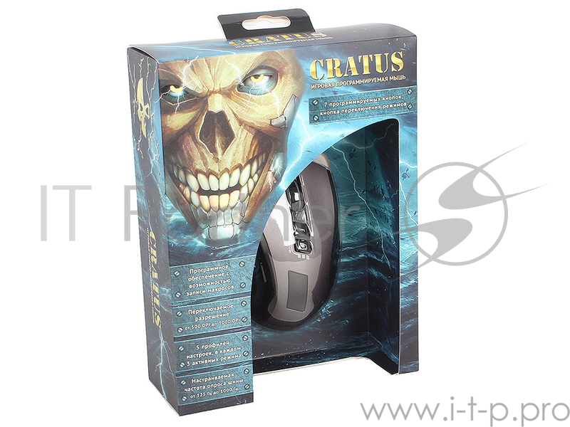 Мышь проводная Jet.A CRATUS JA-GH22 USB {Проводная игровая мышь, 500-3000dpi, 7 программ. кнопок + кнопка перекл. профилей + запись макросов, LED-подсветка, кабель 1.8м}