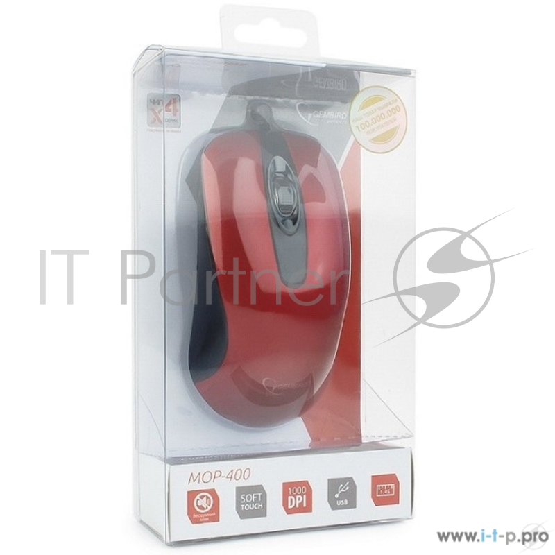 Мышь Gembird MOP-400-R, USB, красный, бесшумный клик, 2 кнопки+колесо кнопка, 1000 DPI, soft-touch, кабель 1.45м, блистер