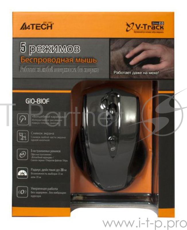 Мышь Mouse A4 V-Track G10-810F black optical (2000dpi) cordless USB (6but)