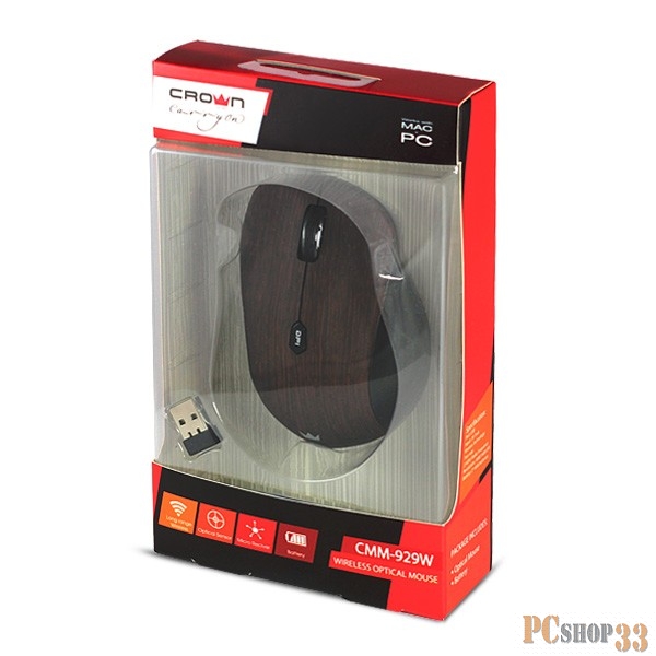 Мышь CROWN CMM-929W, black CM000001192 {беспроводная, оптическая,1000dpi, USB, 4 кн-ки}