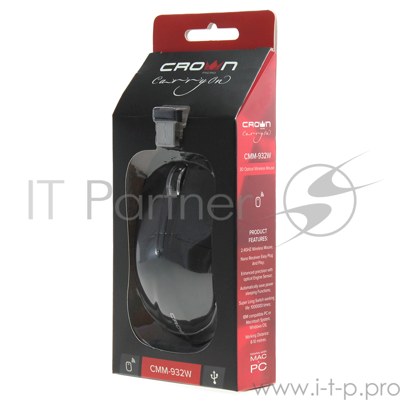 Беспроводная мышь CROWN CMM-932W (3 кнопки 1000DPI Нано ресивер,2.4ГГц Soft-touch пластик, питание АА (в комплекте) ,Plug & Play)