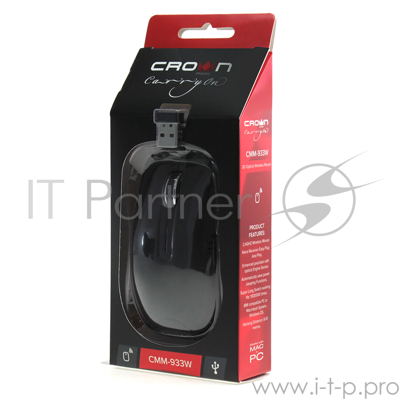Беспроводная мышь CROWN CMM-933W (3 кнопки 1000DPI Нано ресивер,2.4ГГц Soft-touch пластик, питание АА (в комплекте) ,Plug & Play)