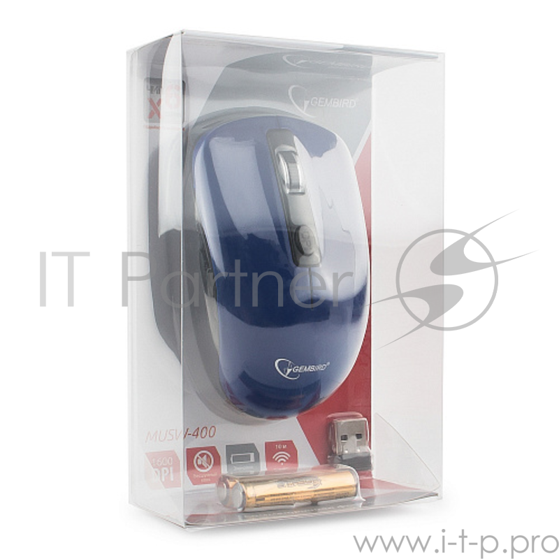 Мышь беспров. Gembird MUSW-400-B, голубой, бесшумный клик, 3кн.+колесо-кнопка, 2.4ГГц, 1600 dpi, блистер