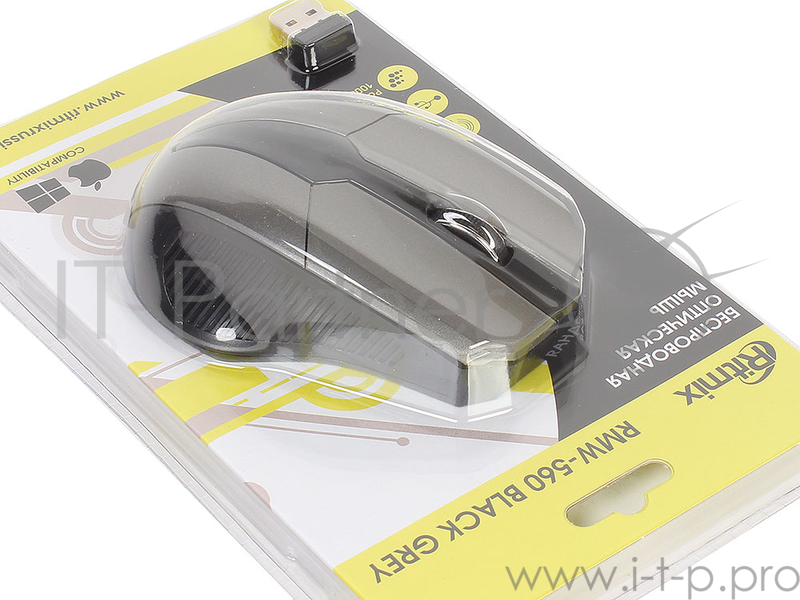 Мышь беспроводная Ritmix RMW-560 Black+Gray, 1000DPI, 2.4 Ггц, Кнопки: 3+1 колесо, радиус действия: 10 м., 2 AAА (не входят), блистер