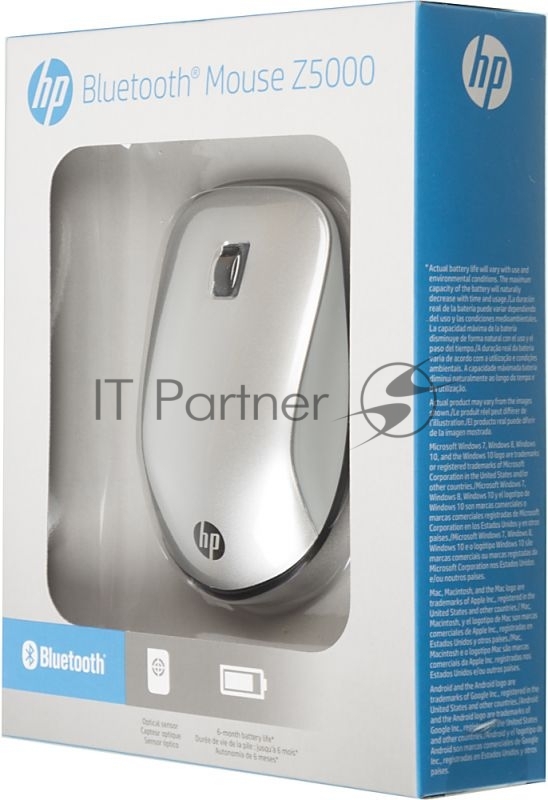Беспроводная мышь HP Z5000 Bluetooth®-Maus беспроводная мышь для правой и левой руки интерфейс Bluetooth для ноутбука светодиодная, 2 клавиши разрешение сенсора мыши 1200 dpi размеры (ШxВxД): 65x25x102 мм