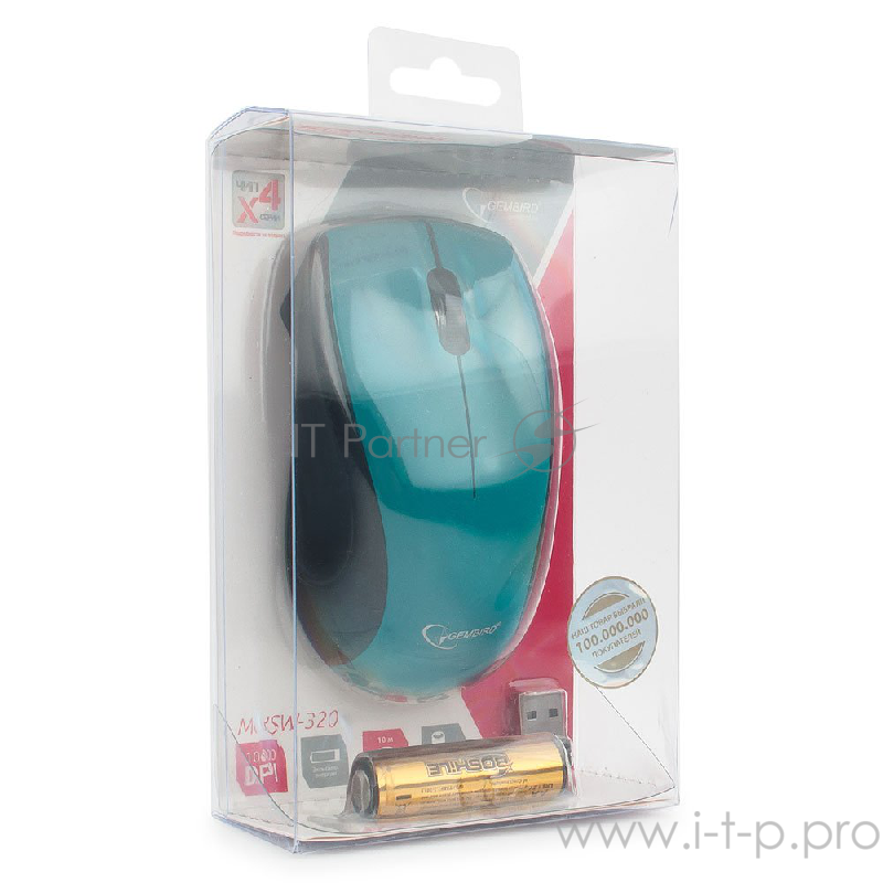 Мышь беспроводная Gembird MUSW-320-B, 2.4ГГц, голубой, 2 кнопки+колесо-кнопка, 1000 DPI, батарейки в комплекте, блистер