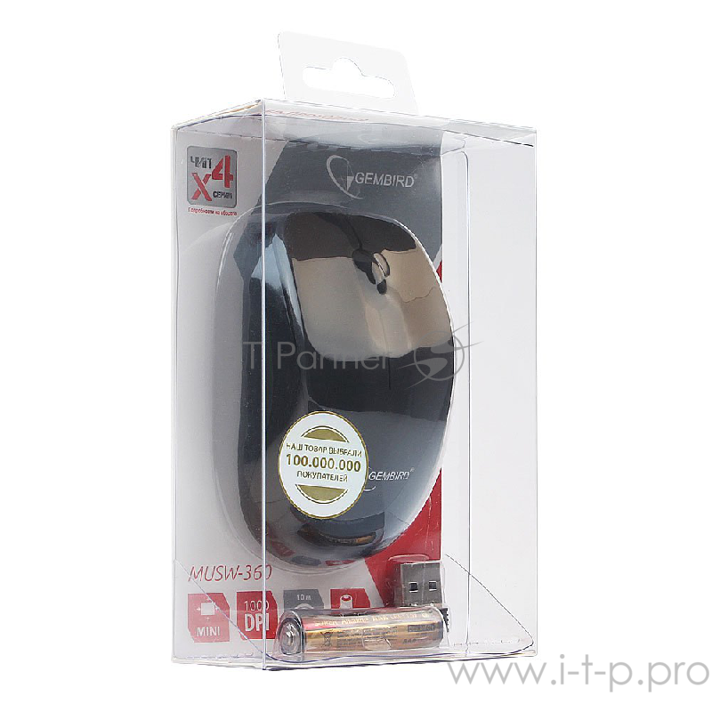 Мышь беспроводная Gembird MUSW-360, 2.4ГГц, черный, 2 кнопки+колесо-кнопка, 1000 DPI, батарейки в комплекте, блистер