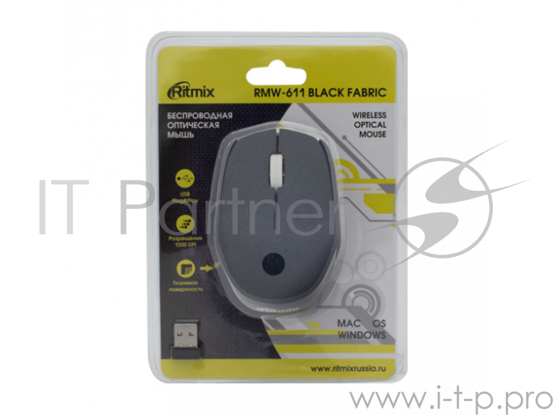 Мышь беспроводная RITMIX RMW-611 Black fabric, тканевая поверхность, 1200dpi