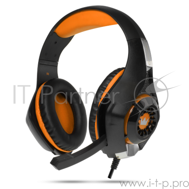 Гарнитура игровая CROWN CMGH-101T Black&orange (Подключение jack 3.5мм 4pin+ адаптер 2*jack spk+mic,Частотныи? диапазон: 20Гц-20,000 Гц ,Кабель 2.1м,Размер D 250мм, регулировка громкости, микрофон на ножке)