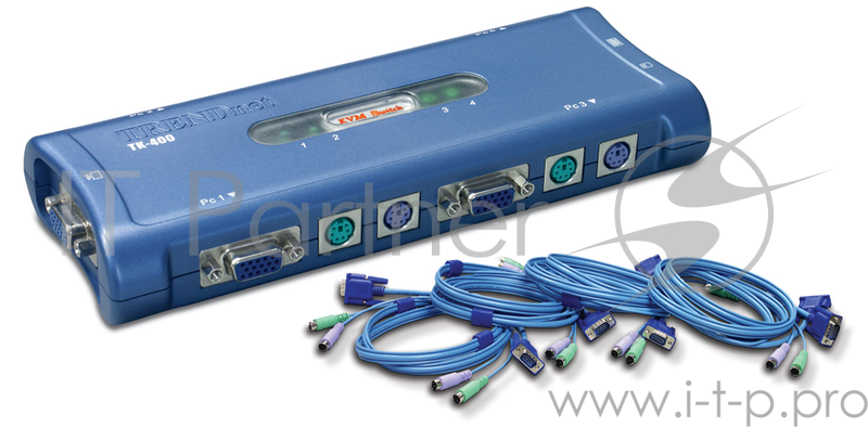 Переключатель KVM TRENDNet TK-400K 4-х портовый коммутатор КВМ + 4 КВМ кабеля (1,8 м)