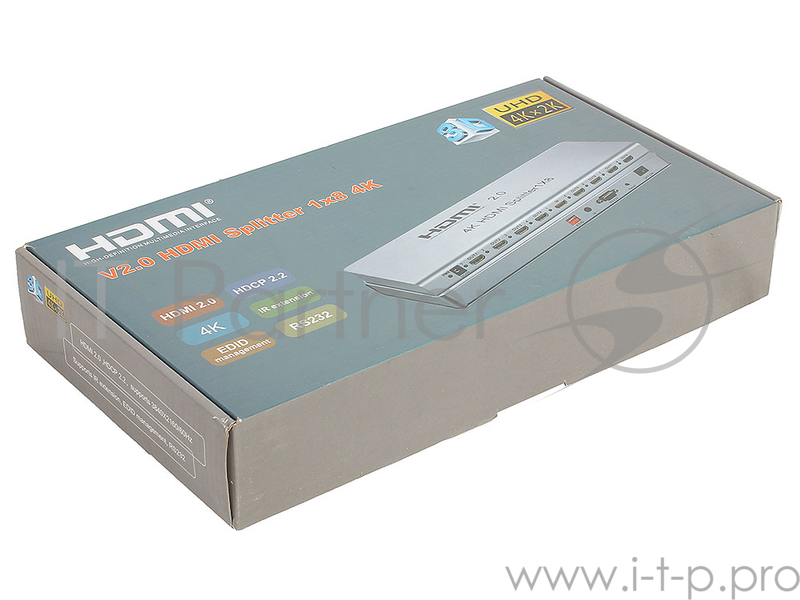 Разветвитель Orient HSP0108H-2.0, HDMI 4K Splitter 1->8, HDMI 2.0/3D, UHDTV 4K/ 60Hz (3840x2160)/HDTV1080p, HDCP2.2, EDID управление, RS232 порт, IR в
