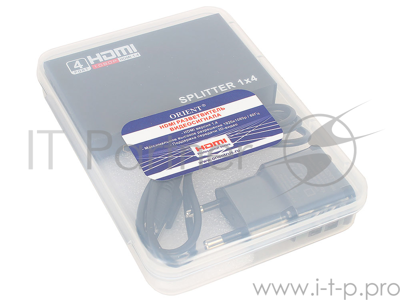 Разветвитель HDMI Splitter Orient HSP0104N, 1->4, HDMI 1.4/3D, HDTV1080p/1080i/720p, HDCP1.2, внешний БП-зарядник 2xUSB 5В/2.1A, метал.корпус