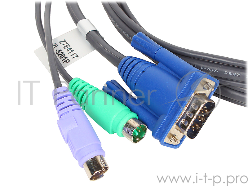 Шнур, мон+клав+мышь PS/2, SPHD15=>HD DB15+2x6MINI-DIN ATEN (2L-5201P) Male-3xMale, 8+6+6 проводов, опрессованный, 1.2 метр., черный,