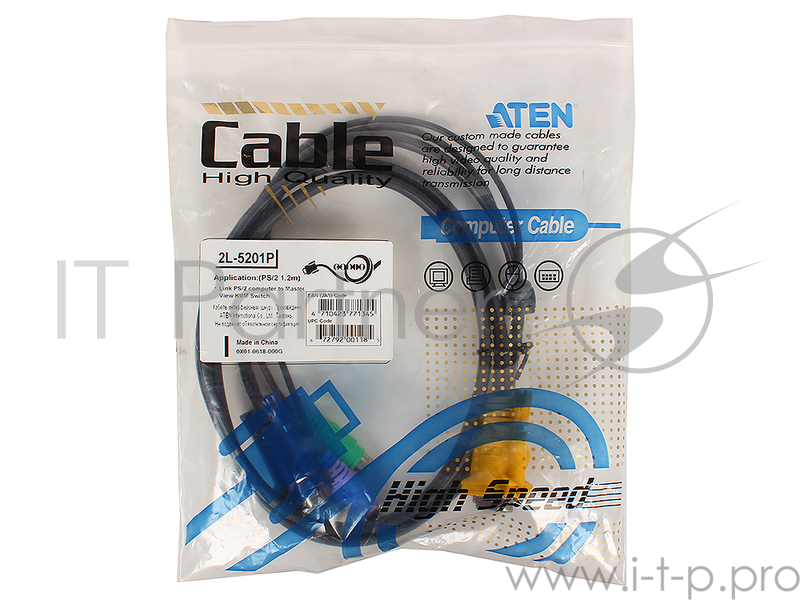 Шнур, мон+клав+мышь PS/2, SPHD15=>HD DB15+2x6MINI-DIN ATEN (2L-5201P) Male-3xMale, 8+6+6 проводов, опрессованный, 1.2 метр., черный,