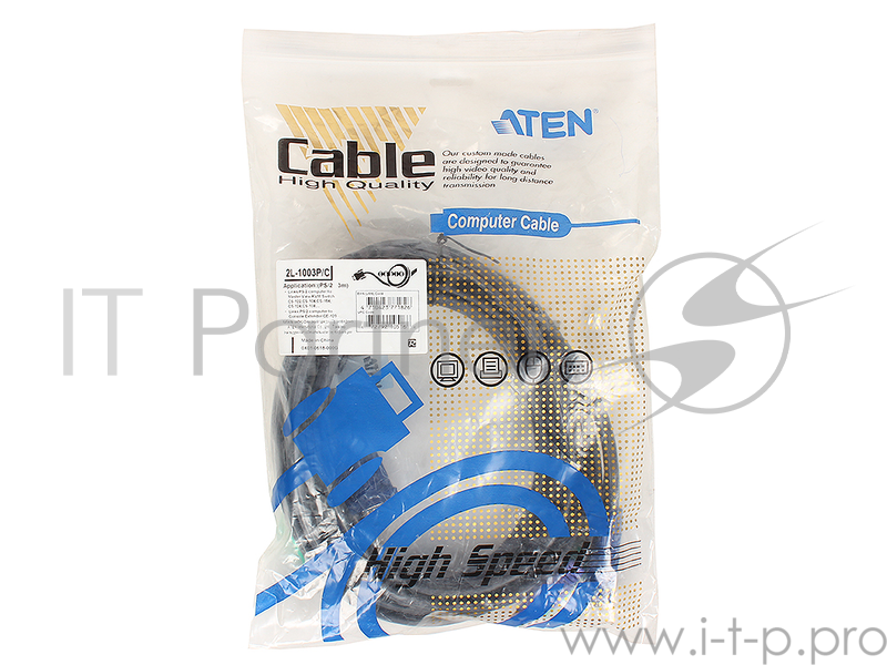 Кабель ATEN KVM Cable 2L-1003P/C Кабель для KVM: 2*PS/2(m)+DB15(m) (PC) -на- 2*PS/2(m)+DB15(f) (KVM), 3м
