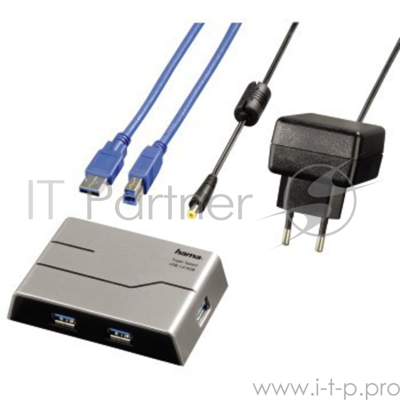 Концентратор USB3.0 4порт Hama SuperSpeedActive HUB USB 3.0 4port + блок питания, серебристый, H-39879