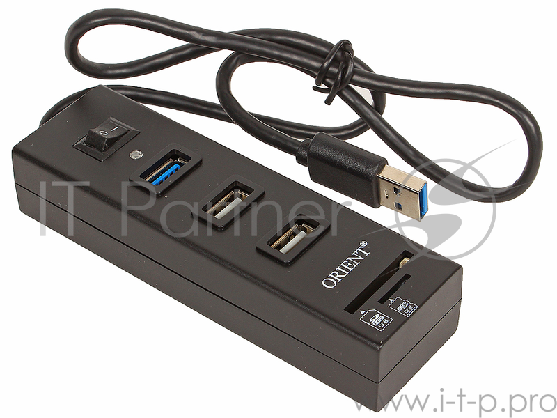 Концентратор USB 3.0/USB 2.0 ORIENT JK-320, HUB 3 Ports + SD/microSD CardReader, выкл., черный