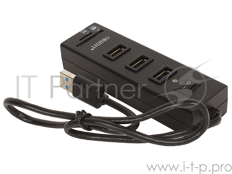 Концентратор USB 3.0/USB 2.0 ORIENT JK-320, HUB 3 Ports + SD/microSD CardReader, выкл., черный