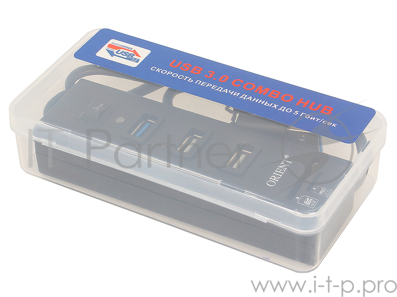 Концентратор USB 3.0/USB 2.0 ORIENT JK-320, HUB 3 Ports + SD/microSD CardReader, выкл., черный