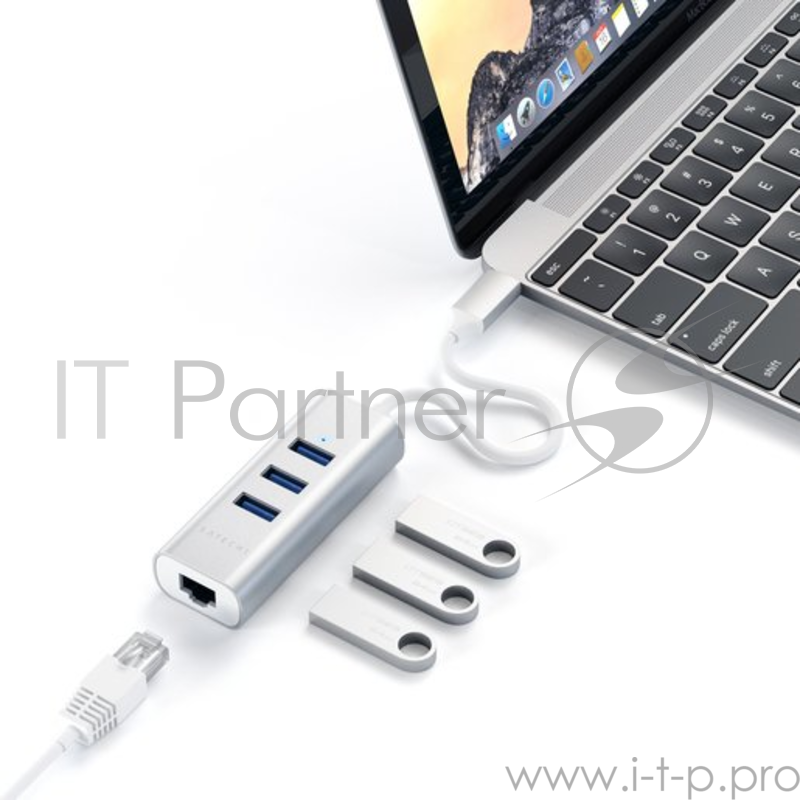 USB-хаб Satechi Type-C 2-in-1 USB 3.0 Aluminum 3 Port Hub and Ethernet Port. Интерфейс Type-C. Цвет серебристый.