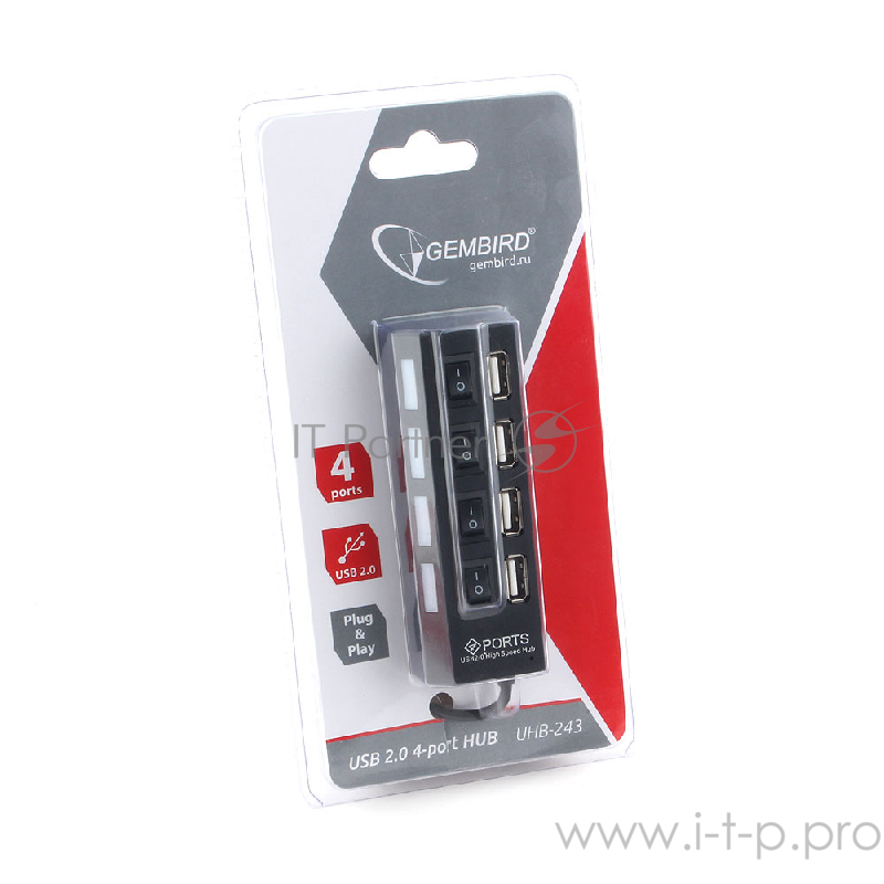 Концентратор USB 2.0 Gembird UHB-243-AD с подсветкой и выключателем, 4 порта, блистер