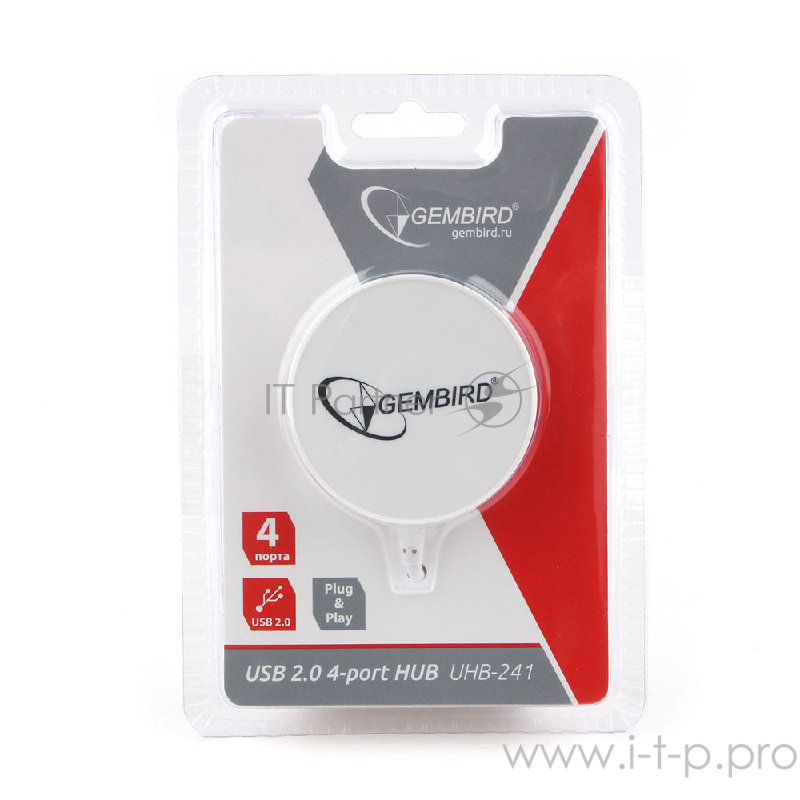 Концентратор USB 2.0 Gembird UHB-241, 4 порта, блистер, белый