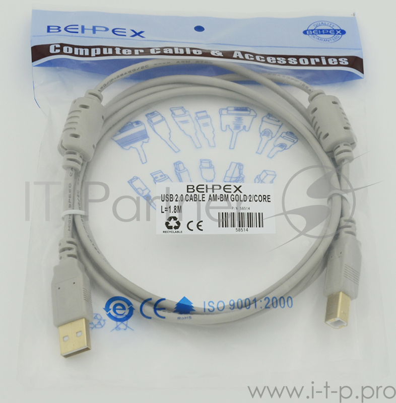 Кабель USB 2.0 Gold 2/Core Am-Bm /Экран 2x ферритовых фильтра 1.8м