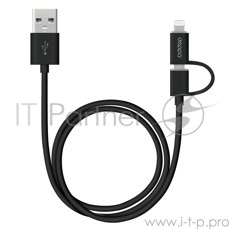 Кабель Deppa USB 2 в 1: 8-pin для Apple, micro USB, 1.2м, черный, Deppa