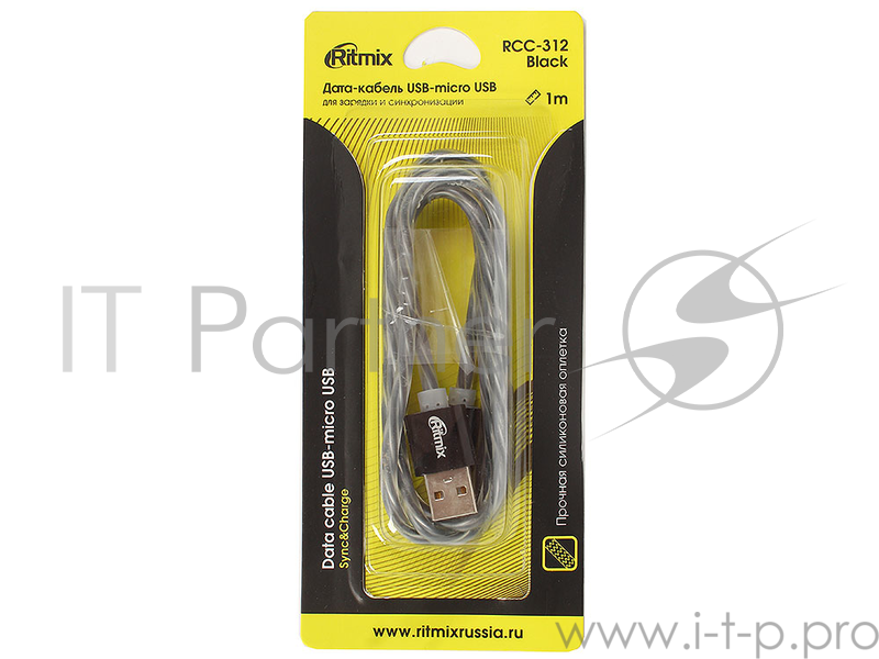 Дата-кабель Black USB-microUSB Ritmix RCC-312, силиконовая оплетка, металлические коннекторы, 1м, 2А, зарядка и синхронизация