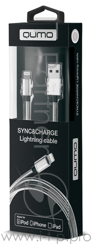 Кабель Qumo 21715 серебро (MFI c разъемом Apple 8 pin, 1м, PVC, стальная пружина по всему кабелю, металлический коннектор)