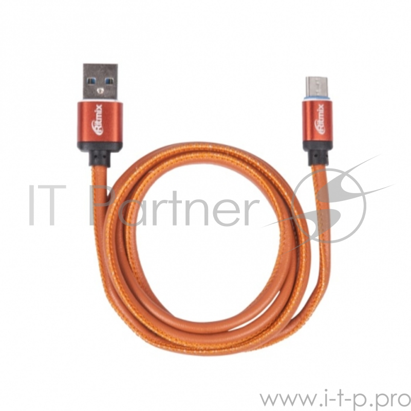 Кабель USB Type-C-USB, 1 метр, 2,5 A, мет. коннекторы, зарядка и синхронизация, оплетка из экокожи RITMIX RCC-435 Leather