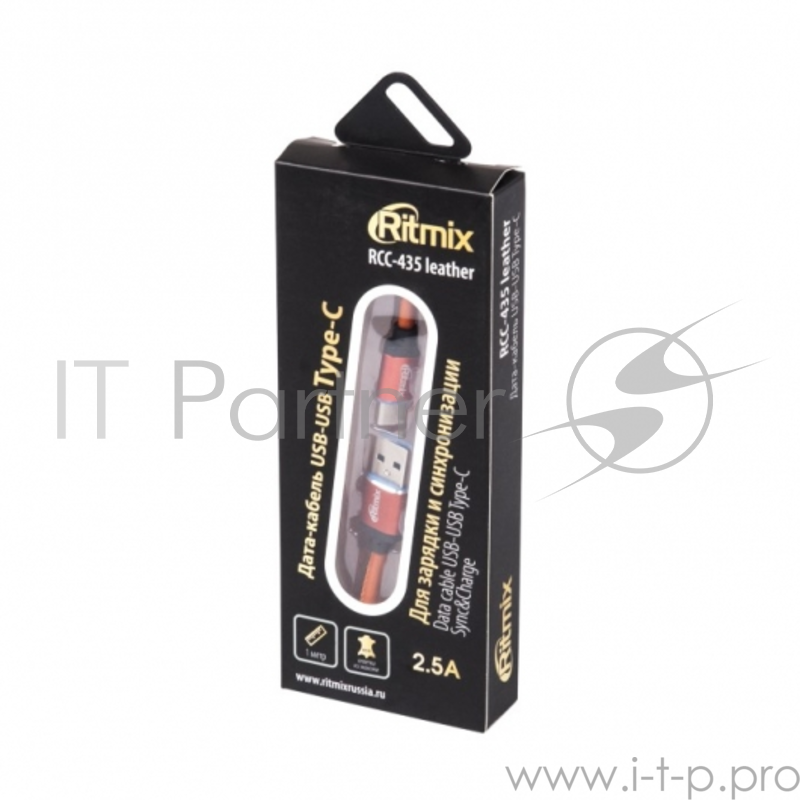 Кабель USB Type-C-USB, 1 метр, 2,5 A, мет. коннекторы, зарядка и синхронизация, оплетка из экокожи RITMIX RCC-435 Leather