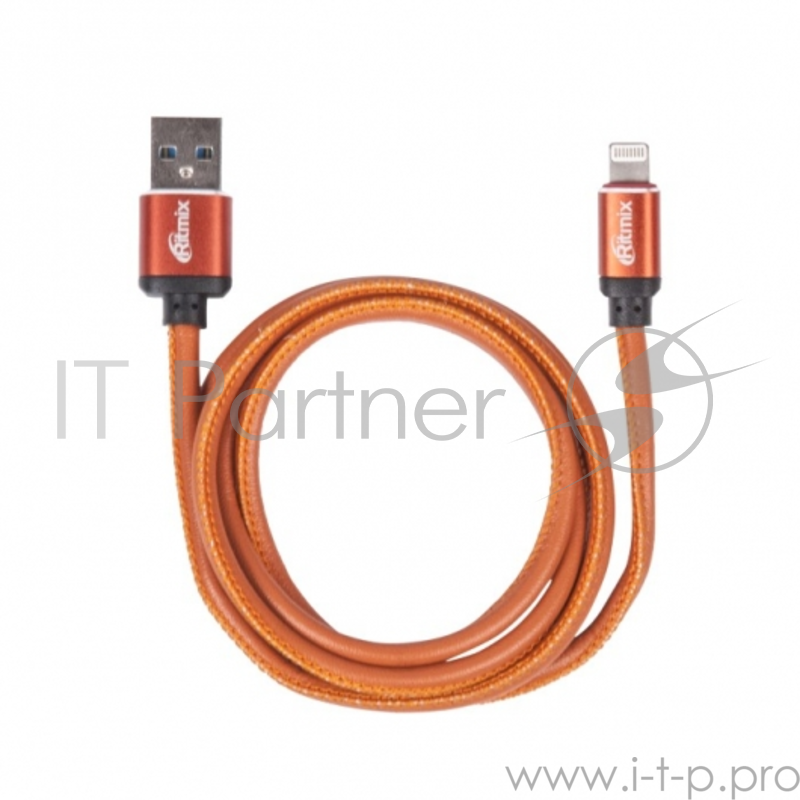 Кабель Lightning 8 pin-USB, 1 метр, 2,5 A, мет. коннекторы, зарядка и синхронизация, оплетка из экокожи RITMIX RCC-425 Leather