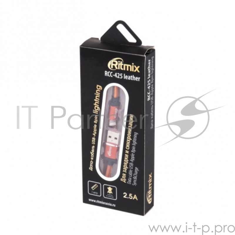 Кабель Lightning 8 pin-USB, 1 метр, 2,5 A, мет. коннекторы, зарядка и синхронизация, оплетка из экокожи RITMIX RCC-425 Leather