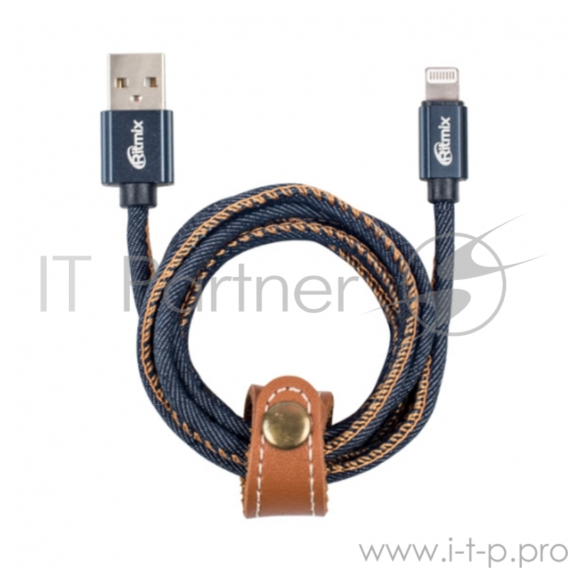 Кабель Apple 8 pin lightning-USB RITMIX RCC-427 Blue Jeans, 1м, 2А, оплетка из джинсовой ткани