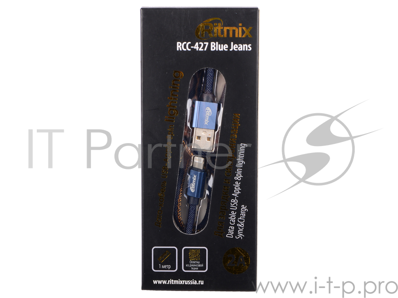 Кабель Apple 8 pin lightning-USB RITMIX RCC-427 Blue Jeans, 1м, 2А, оплетка из джинсовой ткани