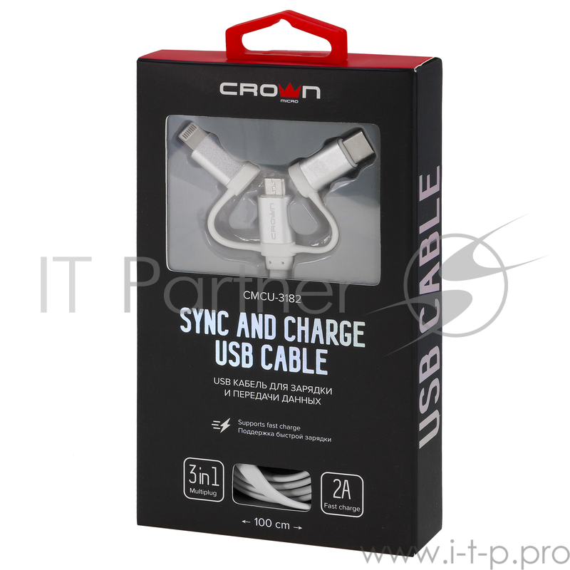 Кабель Crown USB - microUSB/USB Type-C/Lightning CMCU-3182 white