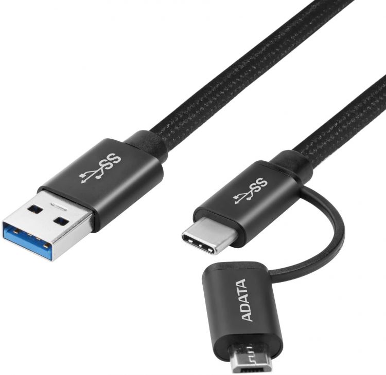 Кабель универсальный ADATA USB Type C/microUSB для зарядки и синхронизации 1м, металлический, Black
