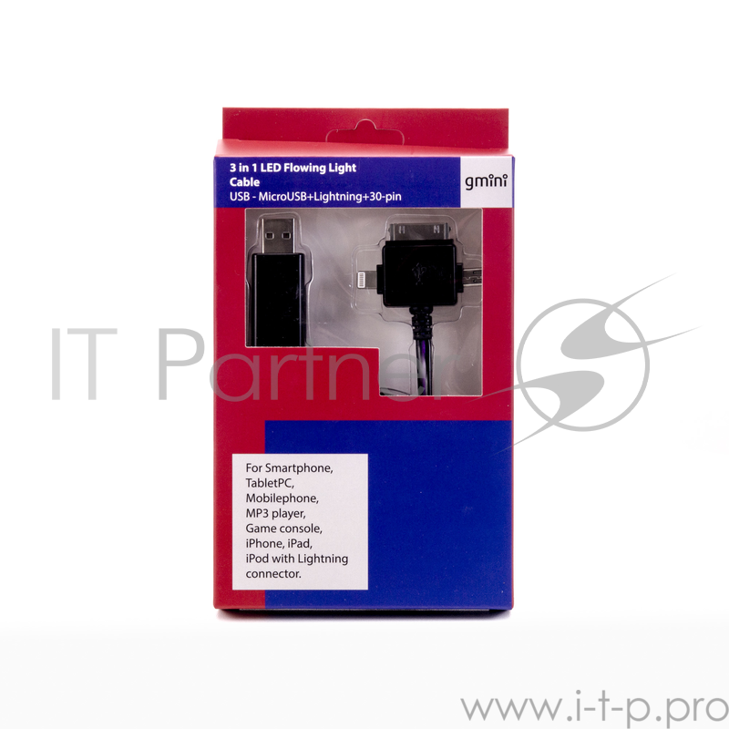 Кабель Gmini GM-MEL400FLBP, светящийся 3 в 1, 1м, чёрный кабель + розовая подсветка