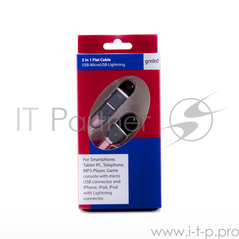 Кабель Gmini GM-FDC-220-IP6-MUSB-P, USB-microUSB+Lightning плоский, 1м, розовый