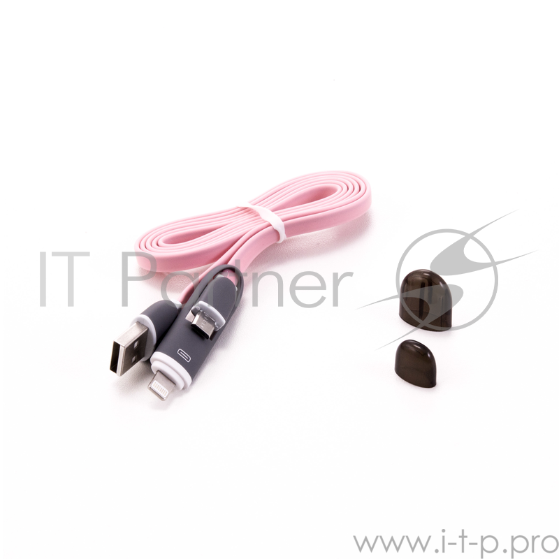 Кабель Gmini GM-FDC-220-IP6-MUSB-P, USB-microUSB+Lightning плоский, 1м, розовый