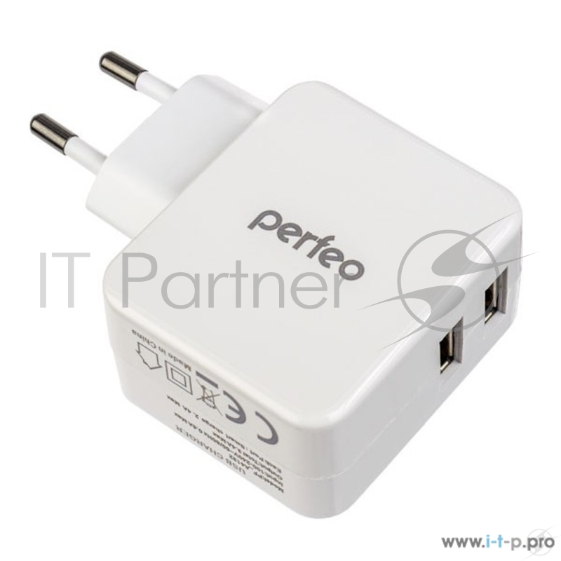 PERFEO Сетевое зарядное устройство с разъемом 2xUSB, 3.4А, белый,