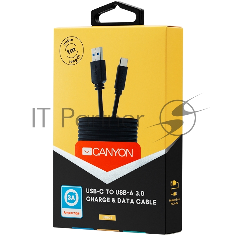 Кабель Type C/USB 3.0, Power & Data output, 5V 3A, OD 4.5mm, PVC Jacket, 1m, black CANYON <CNE-USBC4B>