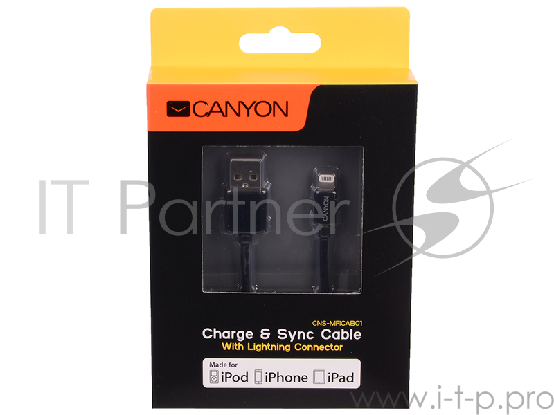 Кабель Lightning/USB 1.0м, силиконовая оплетка, черный (MFI) CANYON <CNS-MFICAB01B>