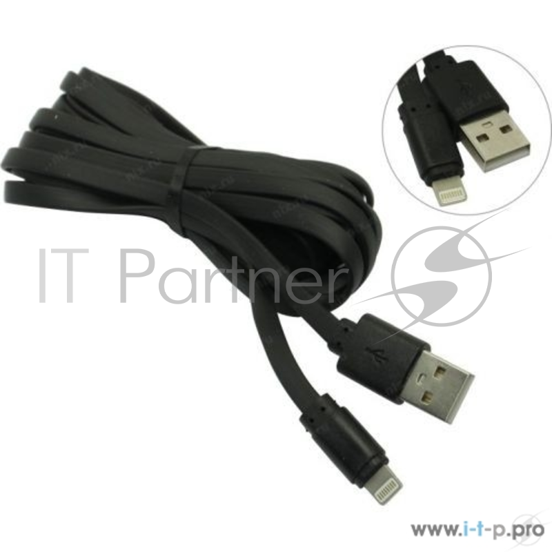 Дата-кабель Smartbuy USB - 8-pin для Apple, плоский, резин, длина 3.0 м, до 2А, черный (iK-530r-2)