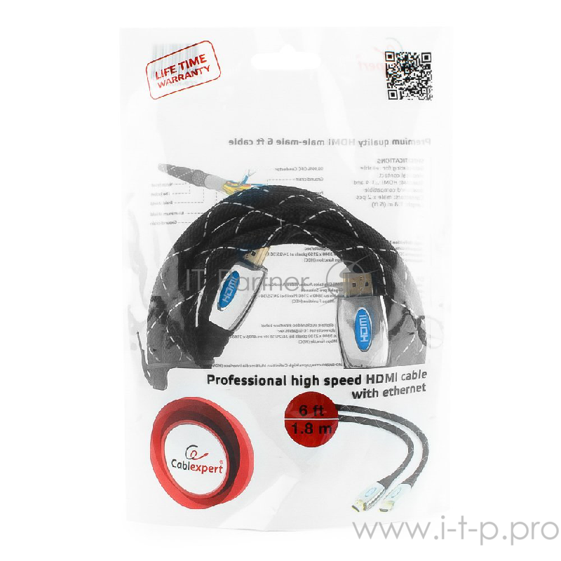 Кабель HDMI Gembird/Cablexpert, 1.8м, v1.4, 19M/19M, металл, позол.разъемы, экран, пакет CCP-HDMI4-6